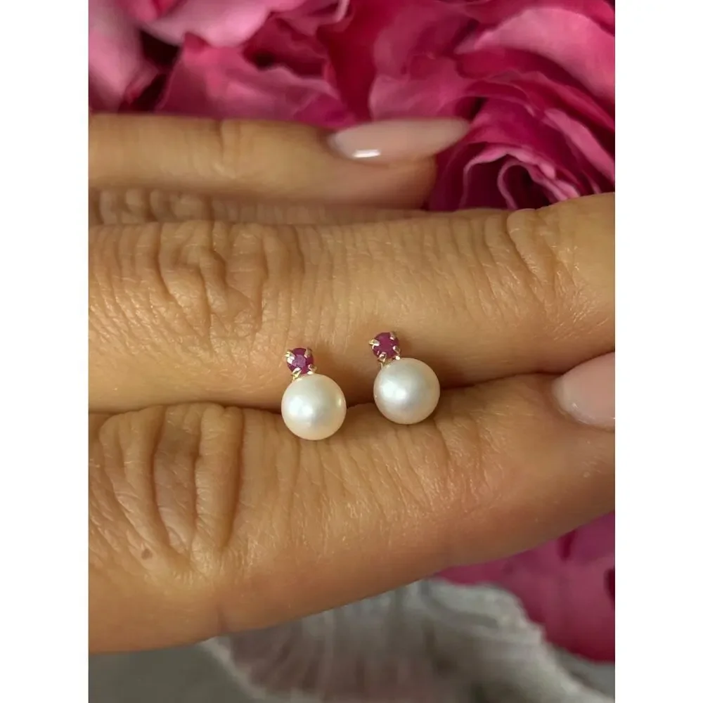14K Yellow Gold Pearl & Ruby Stud Earrings